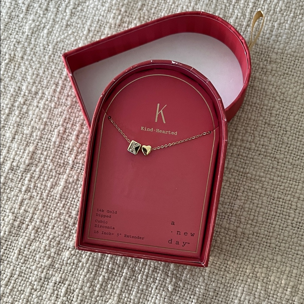 A New Day - Gold Heart and Square Pendant Necklace (Letter K)